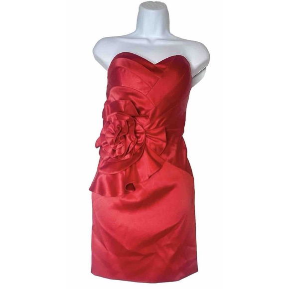 JOVANI Silk Red Taffeta Strapless Ruched Rosette Cocktail Mini Dress Formal 8 - Picture 1 of 11